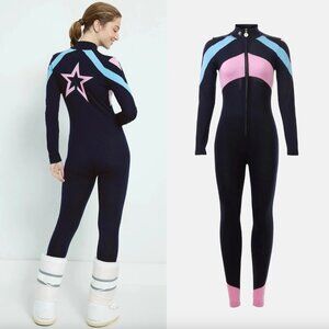 Perfect Moment Tignes Merino Wool Ski Jumpsuit Navy Blue Pink Star Stripe Small